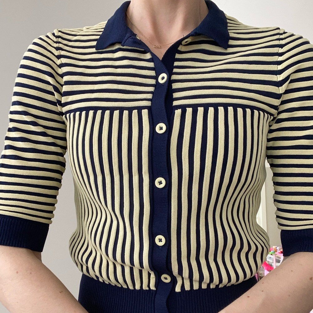 ZARA Knit Polo Button Down in Navy with Cream Stripes Size Medium